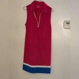 Kinona pink/white sleeveless golf dress with pockets.